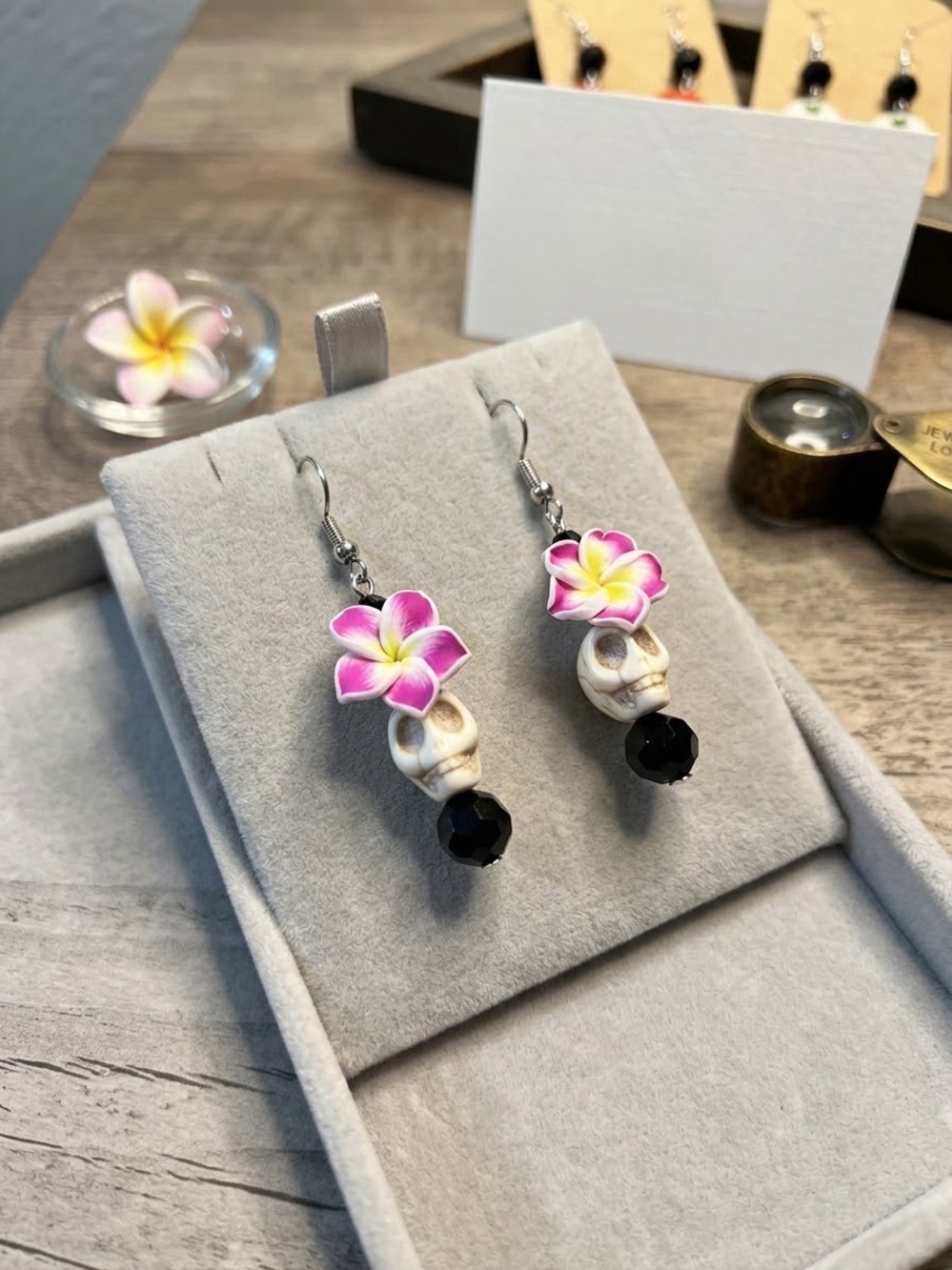 Pink Plumeria Skull Dangle Earrings with Black Bead Accents